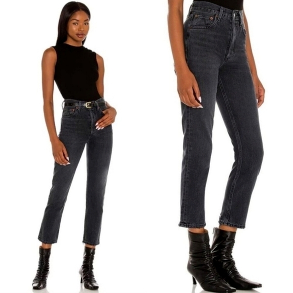 Agolde Riley Crop 5 Button High-Waisted Black Denim Jeans Size 24 - Picture 1 of 8